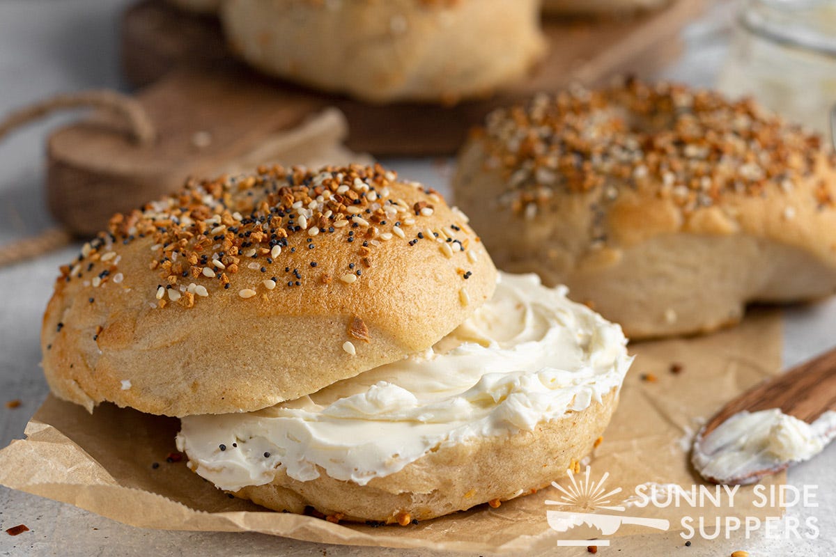 An everything bagel with cream cheese.