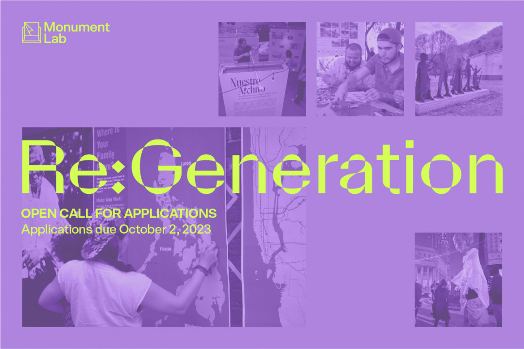 The flyer for an initiative titled Re: Generation, written in a font with curved edges looking almost like an inflatable. In purple hues, images of people working on projects of commemoration.