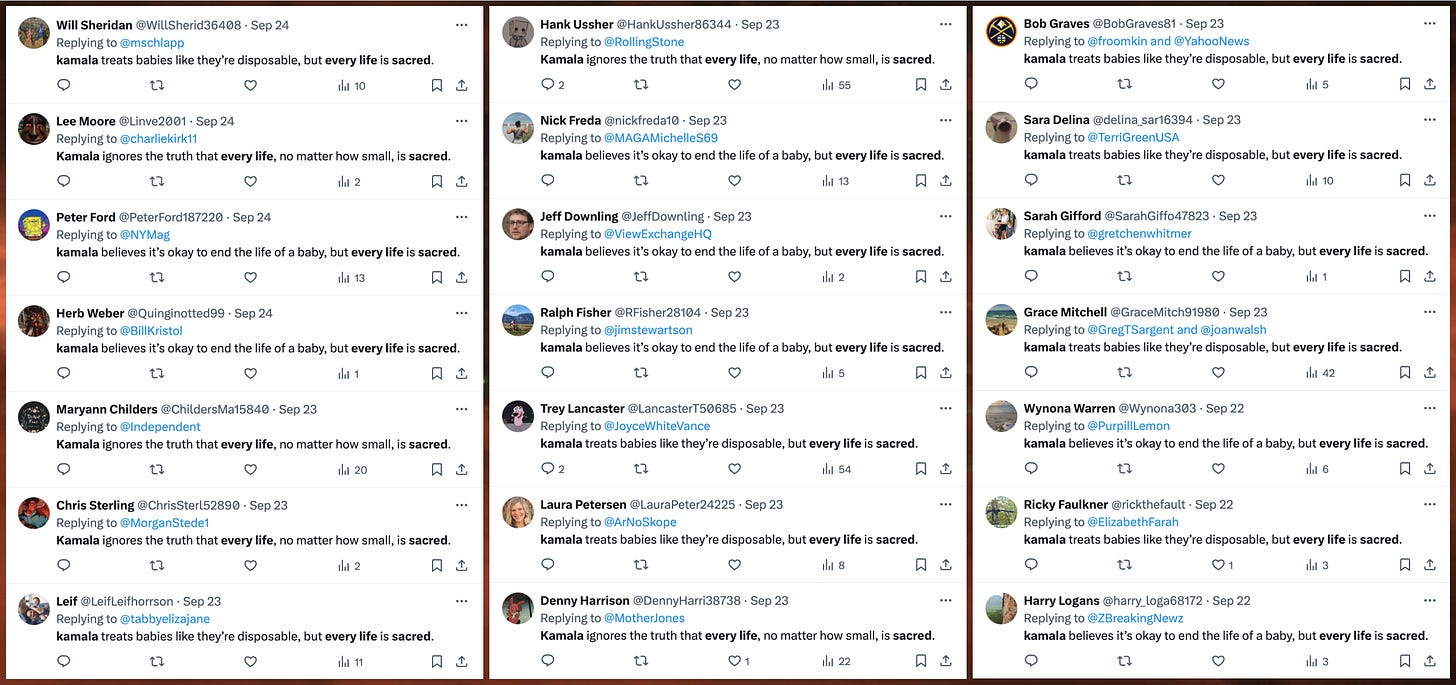 collage of 21 similarly worded replies containing all of "Kamala", "every life", and "sacred"