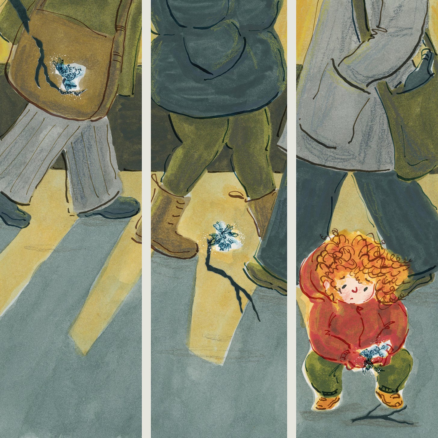 Illustration in three panels of a winter fairy falling into a crowded street past grown-ups legs. The fairy injures her wings as she falls but she is caught by a young ginger haired girl in a red coat. Illustration by Nanette Regan