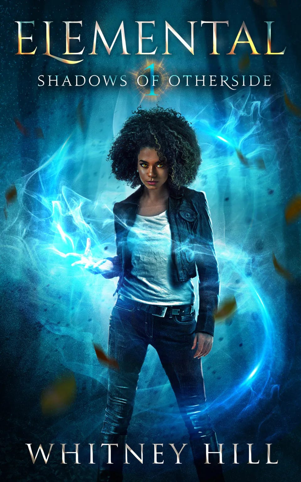 Cover of Elemental by Whitney Hill. A powerful Black woman with an afro, jeans, white shirt, and leather jacket conjuring magic.
