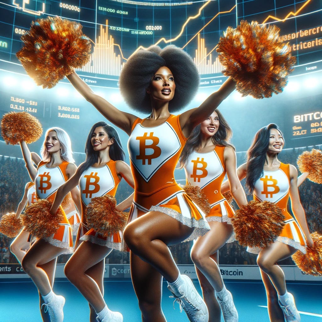 An image of a dynamic cheer squad with a Bitcoin theme. The squad features a mix of ethnicities, including a Caucasian woman, a Black woman, a Hispanic woman, and an Asian woman. They are outfitted in striking orange and white uniforms adorned with the Bitcoin logo. In their hands are shimmering gold pom-poms that catch the light as they perform a high-energy routine. The background is a tech-inspired stadium with digital displays showing Bitcoin symbols and graphs of market trends, emphasizing the connection between the cheer performance and the cryptocurrency world.