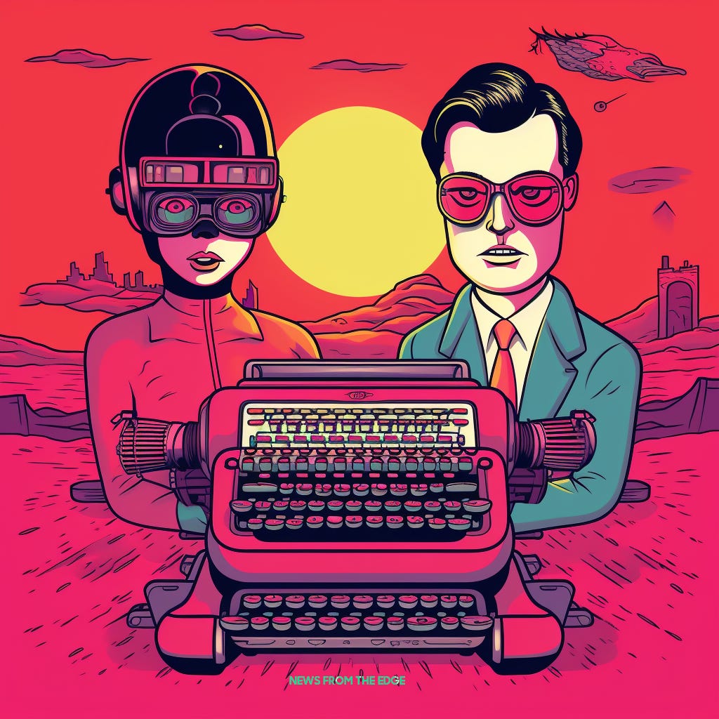 typewriter in a pink sunset with a villain and and space alien over its shoulder