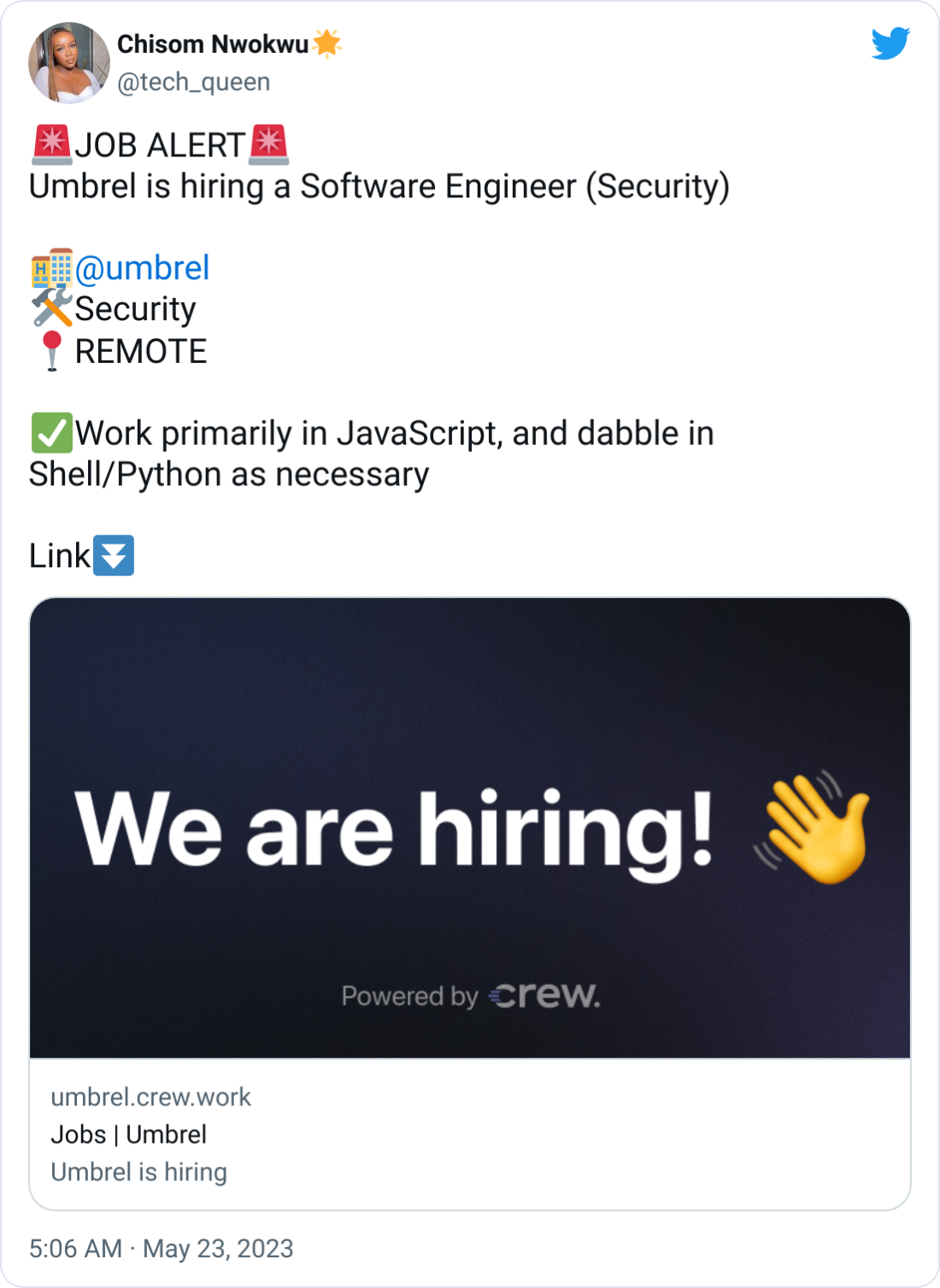  Chisom Nwokwu🌟 @tech_queen 🚨JOB ALERT🚨 Umbrel is hiring a Software Engineer (Security)  🏨 @umbrel  🛠️Security 📍REMOTE  ✅Work primarily in JavaScript, and dabble in Shell/Python as necessary