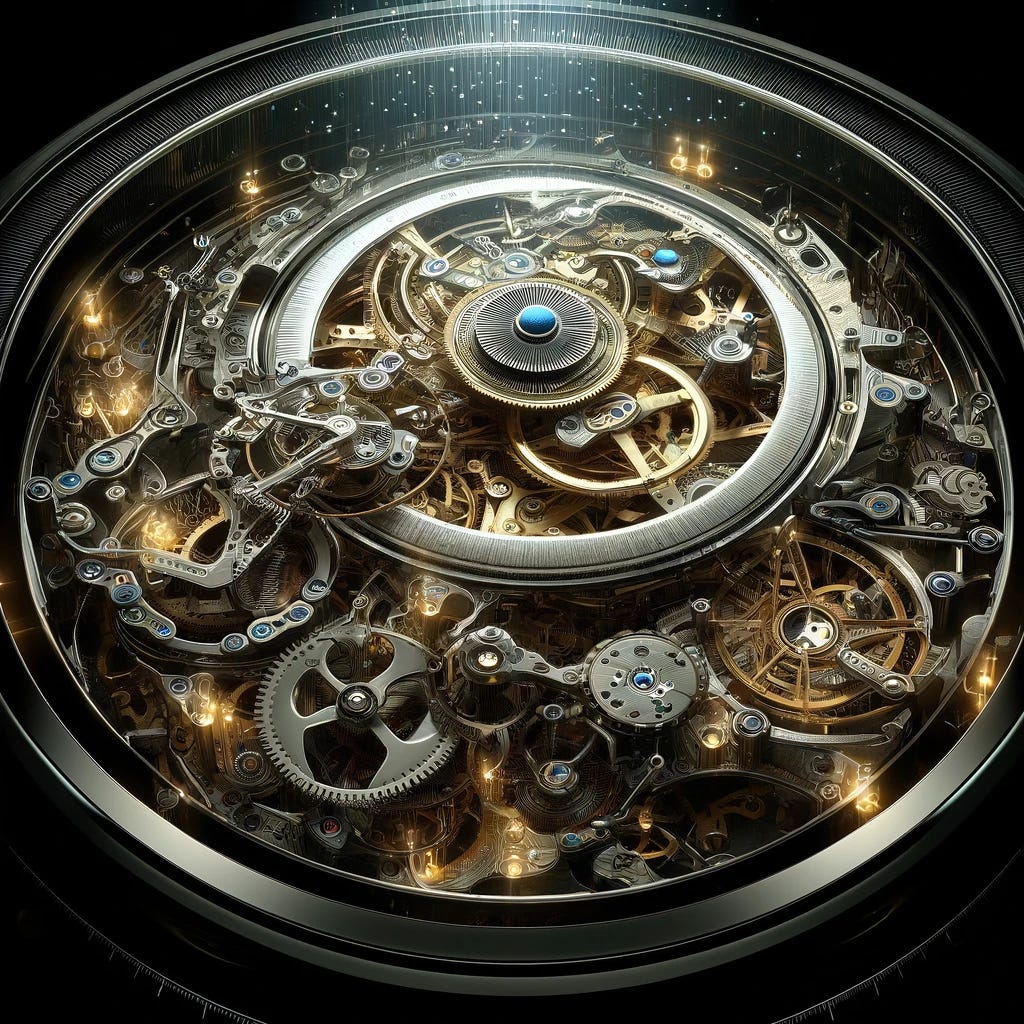 A fantastical depiction of the internal workings of a sophisticated mechanical watch. The image features an intricate design with gears, springs, and cogs visible in exquisite detail. The mechanism should appear almost magical, with tiny lights glowing from within, adding an ethereal quality to the scene. The overall look should be hyper-realistic, emphasizing the complexity and beauty of watch mechanics, as if viewed through a magnifying glass.