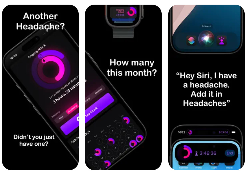 Screenshots of Headaches app