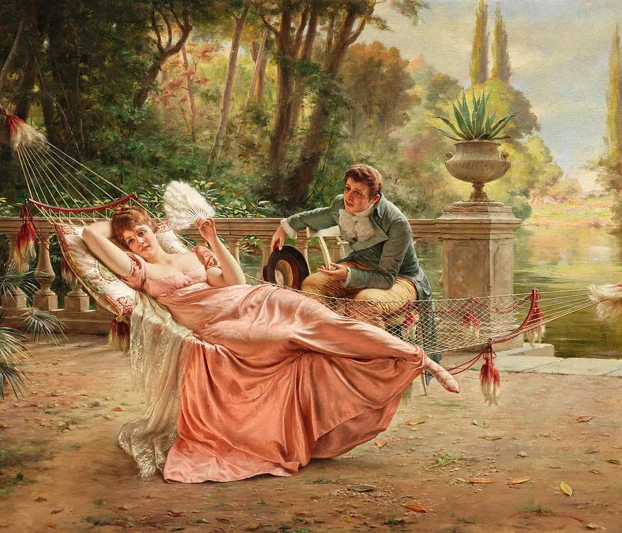 Painting of a woman laying in a hammock and turned away from a pleading suitor. 