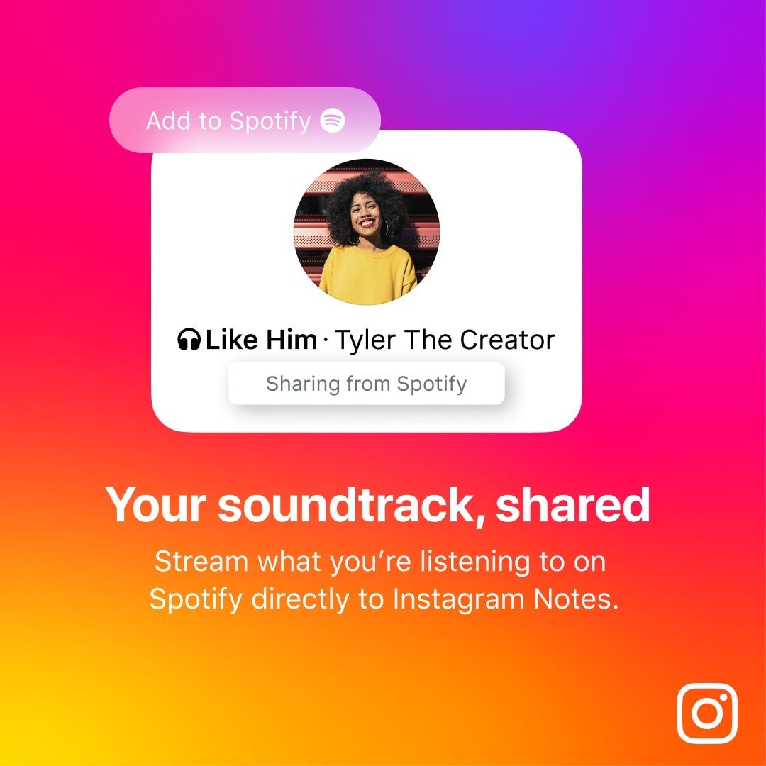 Puede ser una captura de pantalla de Twitter de 1 persona, pantalla y texto que dice "Add AddtoSpotify to Spotify Like @LikeHim-TylerTheCreator Him Him. Tyler The Creator Sharing from Spotify Your soundtrack, shared Stream what you're listening to on Spotify directly to Instagram Notes."