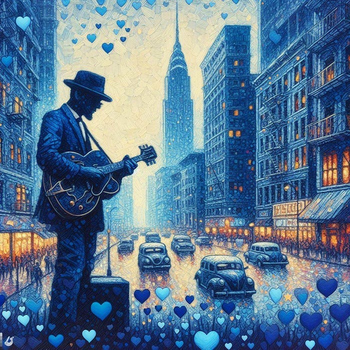 lone bluesman with his guitar busy downtown metropolis in background