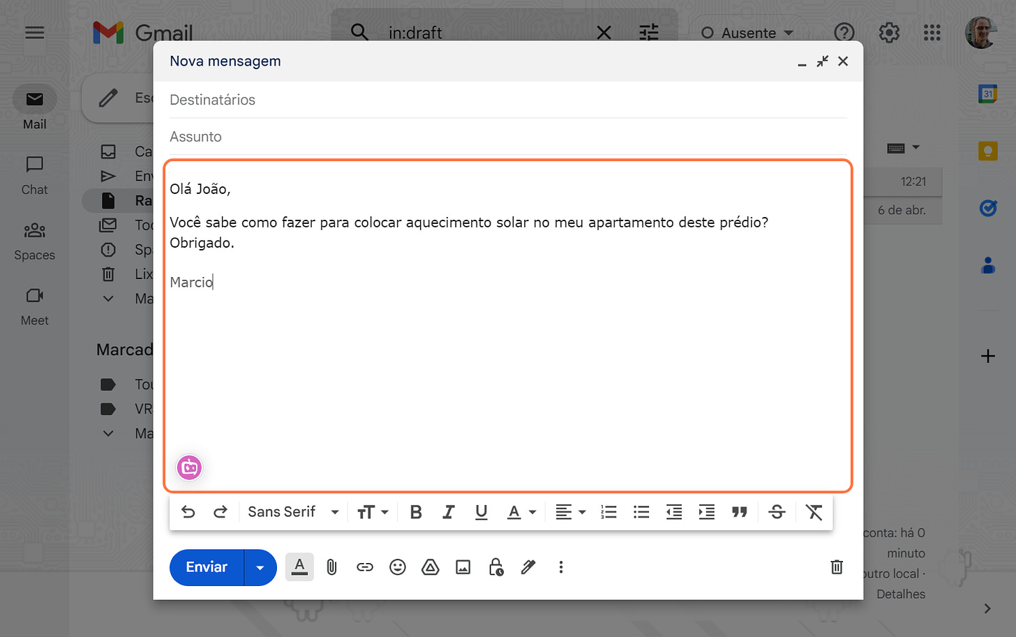 Escreva a sua mensagem no Gmail.