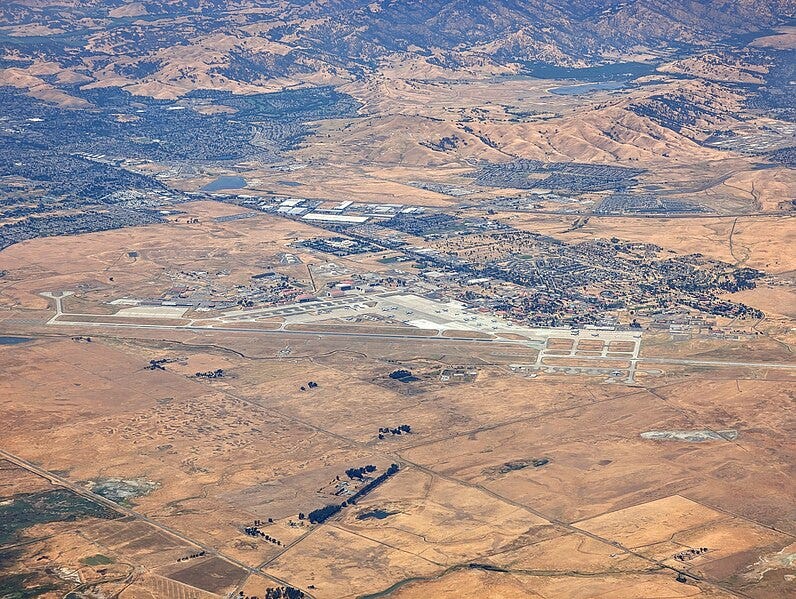 View from above of a section of central California land, including Travis Airforce Base