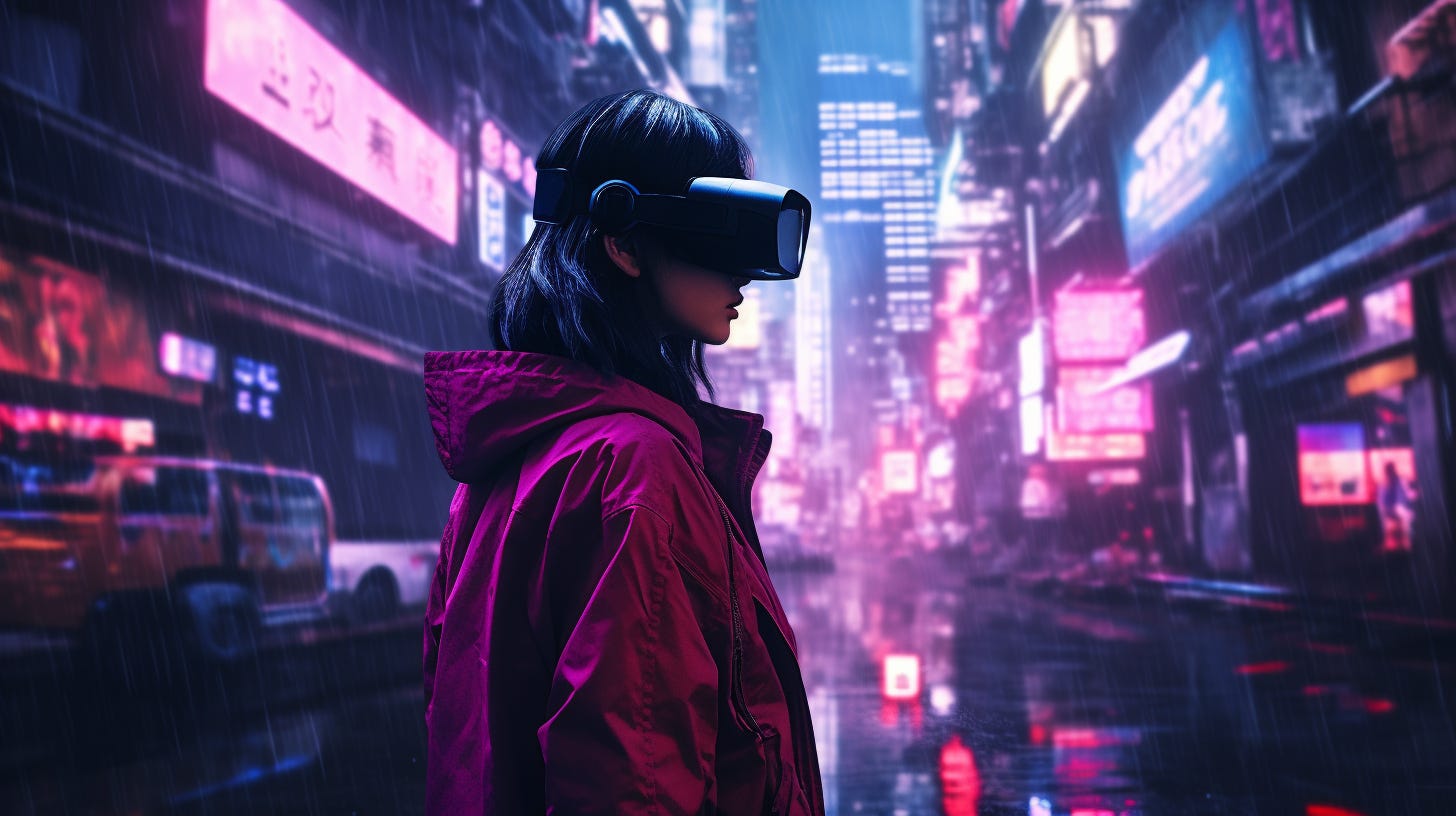 Girl walking through the city with VR goggles on