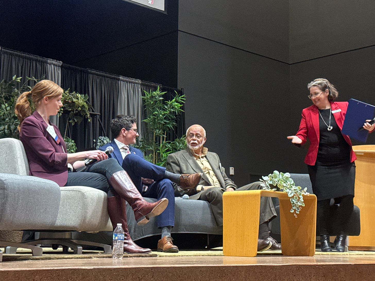 State Sen. Mallory McMorrow, D-Royal Oak, State Rep. Jason Morgan and Wayne County Executive Warren Evans participate in a panel moderated by Transit Riders United director Megan Owens. Photo: Samuel Robinson