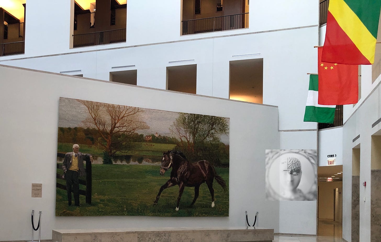 Fabric Tapestry by Helena Hernmarck, showing Overbrook Farm, its founder Wiliam T. Young and the farm’s main breeding stallion Storm Cat.