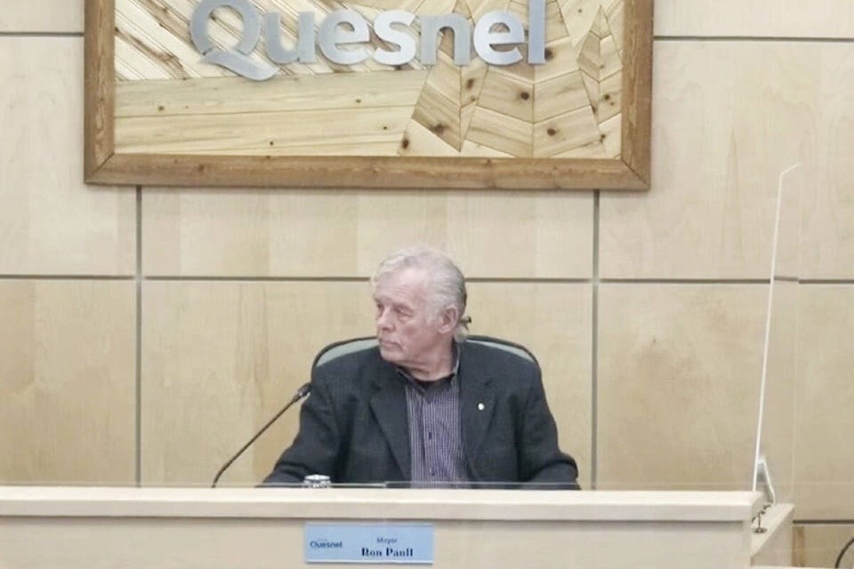 Quesnel mayor Ron Paull answers ‘no,’ to the question from Coun. Scott Elliott regarding whether he agreed with what his wife was doing. (Screenshot of Quesnel City Council meeting) 