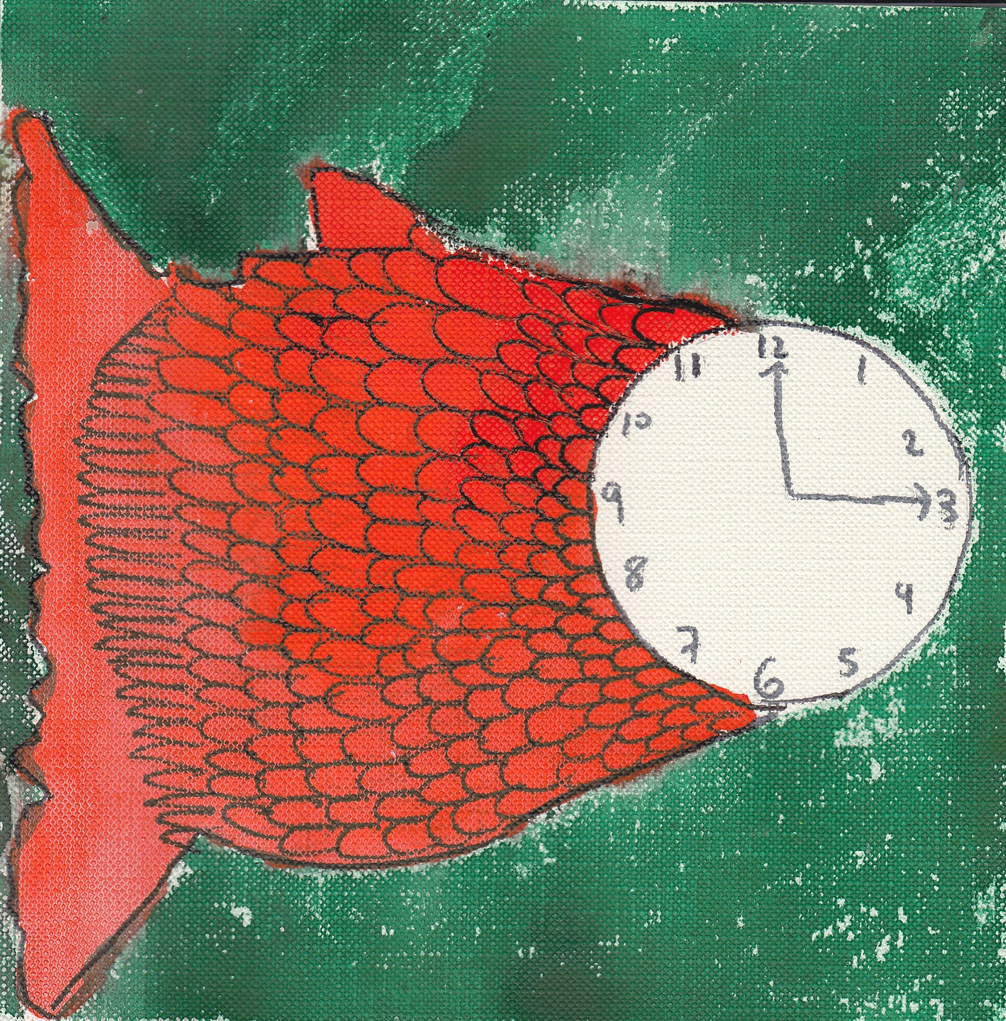 orange fish with clock head. green background