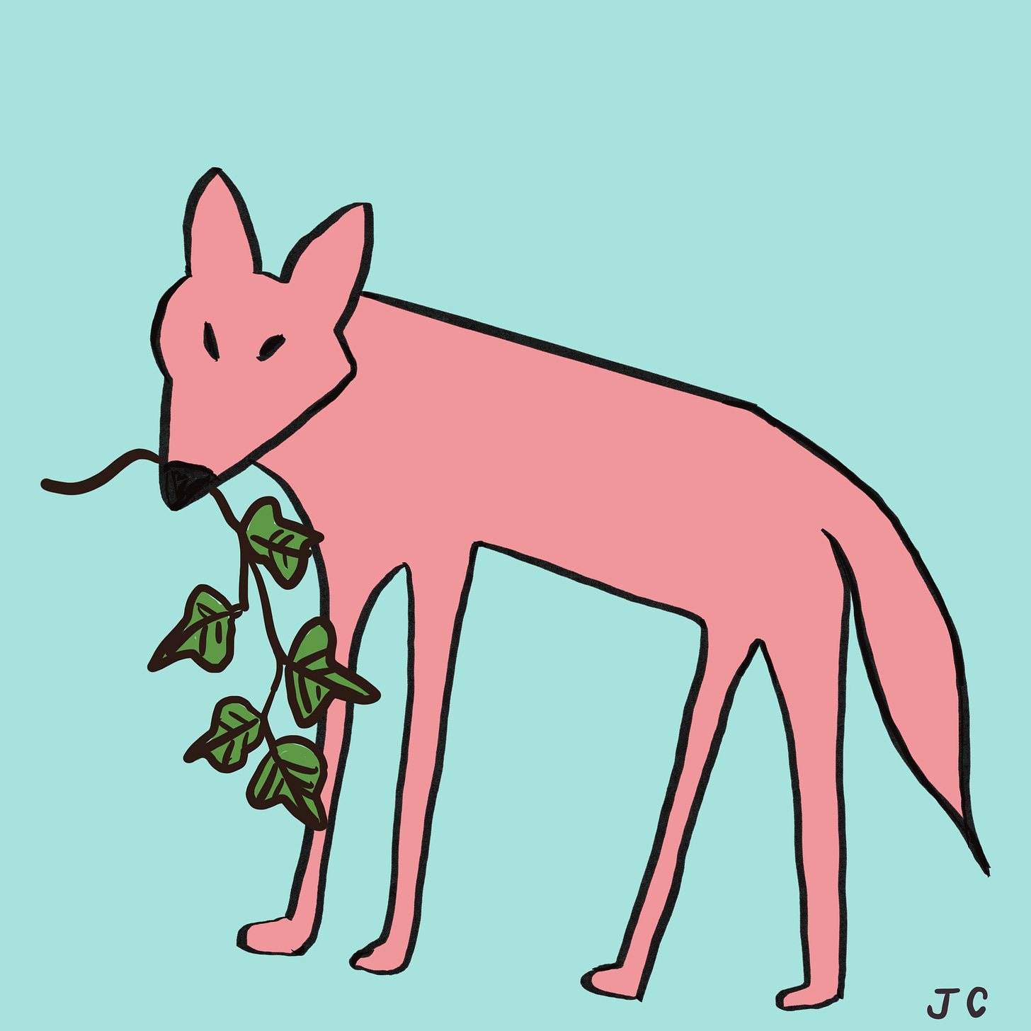 pink wolf carrying ivy on blue background