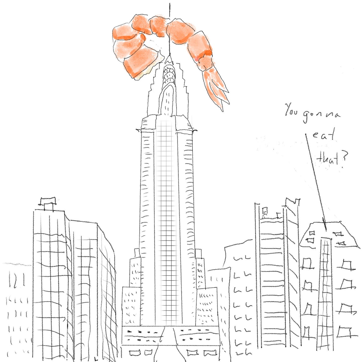 Chrysler building with a shrimp stuck on the tower
