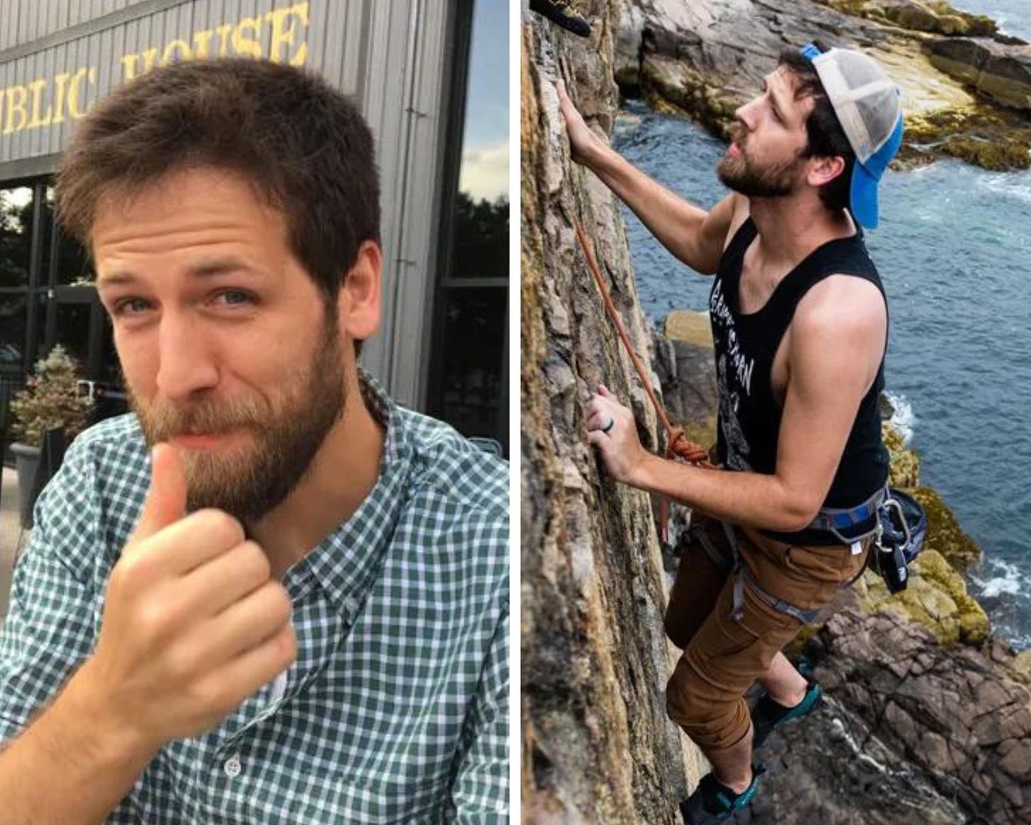 A photo collage of Adam Melfa. In the photo on the left, he smiles at the viewer and gives a thumb’s up. He has short dark brown hair, sideburns, and a closely cropped beard and mustache. He has blue eyes and wears a green checked button-down shirt. In the photo on the right, Adam is wearing a black tank top, brown shorts, and a blue backward baseball cap. He is rock climbing on a cliff and is facing left towards the rock wall. Behind him are more cliffs and a body of water. He looks deep in thought. 
