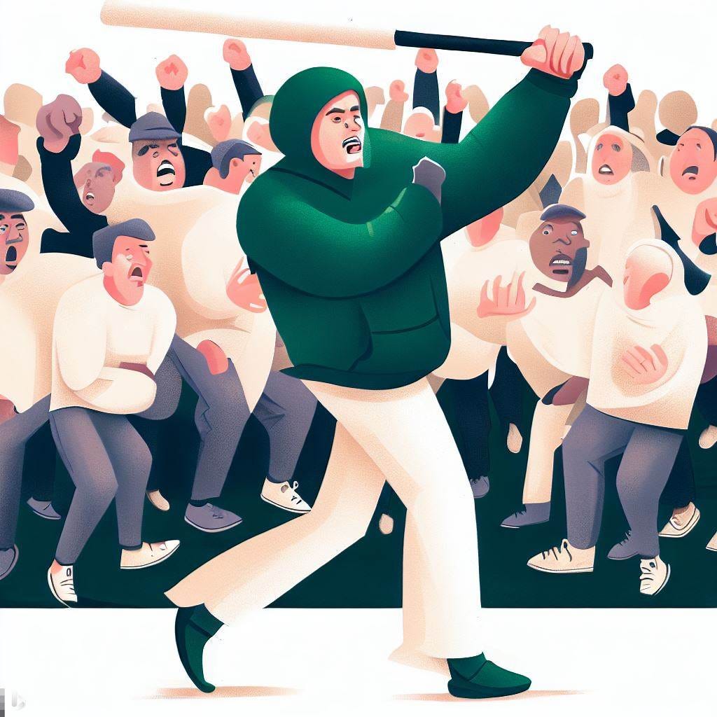 An illustration of a man in a green hoodie batting in front of a loud sports crowd. AI generated.