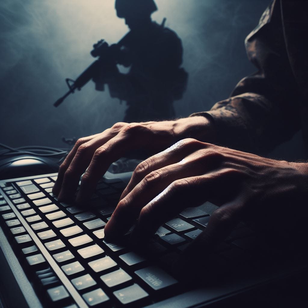 hands typing on a keyboard, dark and shadowy, marine standing in the background, shadowed, realism