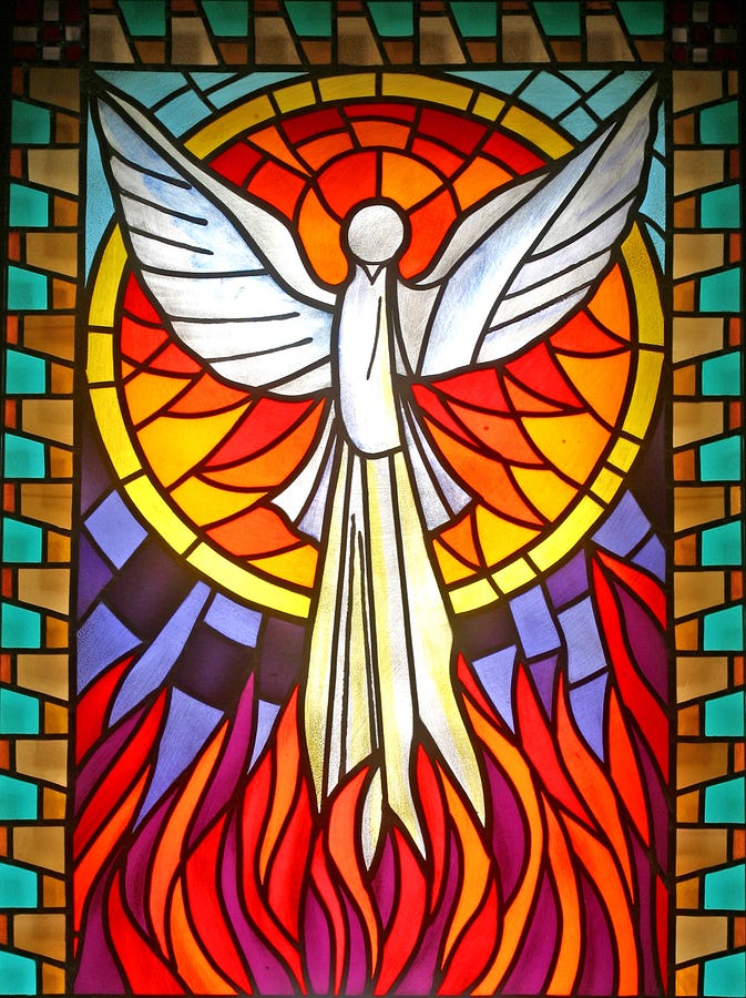 A stained glass image of a dove backed with a design meant to look like fire and a cooler blue rectangular frame.