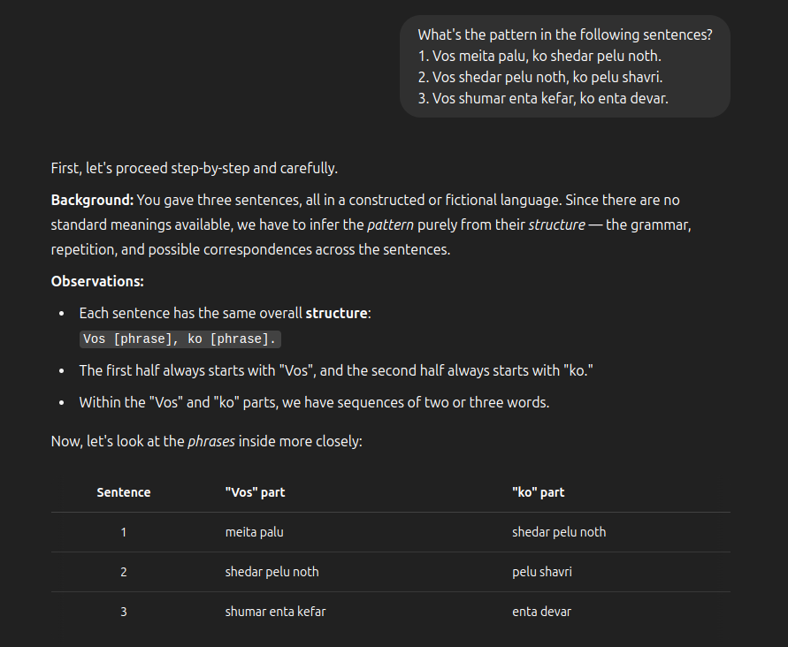 ChatGPT-4o, detecting patterns in an unknown language. ChatGPT-4o, detecting patterns in an unknown language.