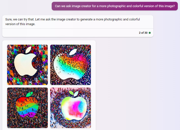 Bing creating an appl Logo color photo based on original B&W input
