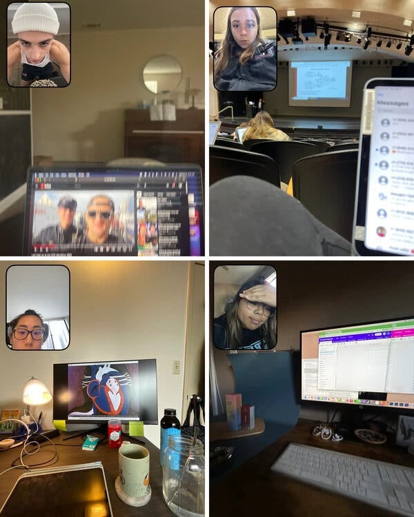 A collage of people’s BeReal photos, featuring selfies as well as photos of their computers.