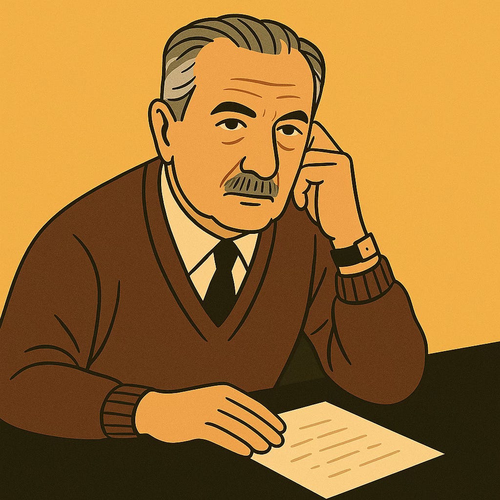 Illustration of Martin Heidegger at desk with Pensive Look