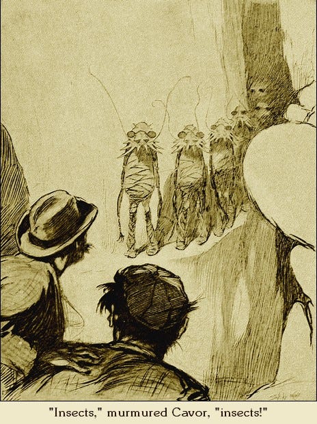 Two humans confront a little crowd of aliens standing on a little ledge in an arid landscape. The aliens are standing on two feet, have long spindly arms, cocoon like torsos, bearded faces, balck eyes, and long antennae. The caption reads "Insects, murmured Cavor. Insects!"