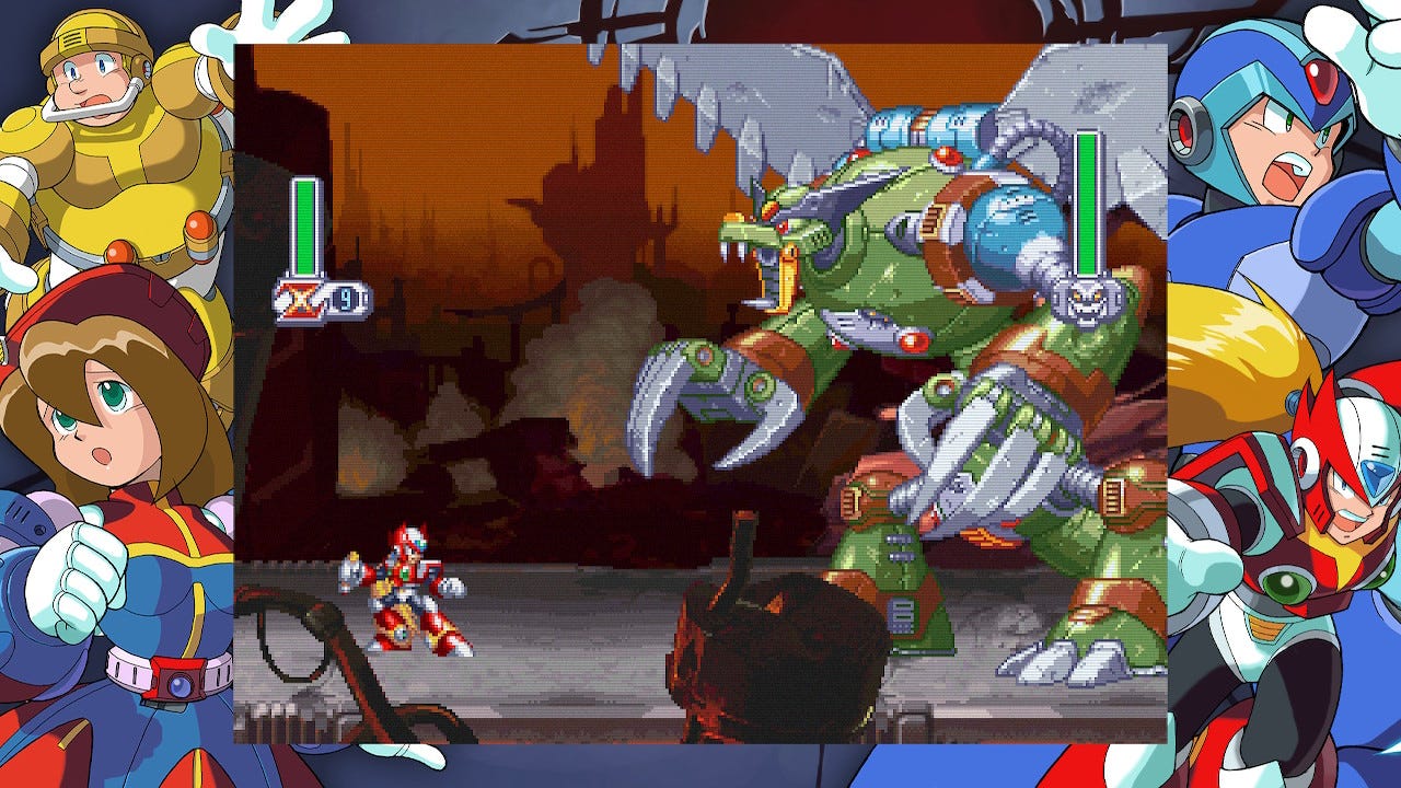 A screenshot from an early boss battle against a giant dragon robot that takes up the entire right side of the screen. Zero's sprite is larger than in previous games, but is minuscule in comparison.