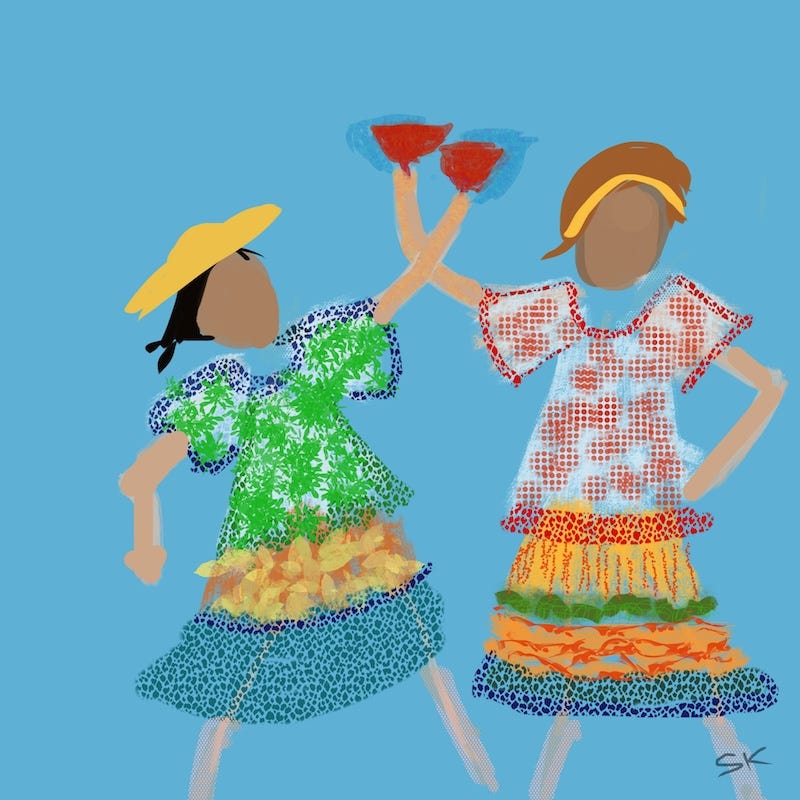 Two girls in fancy dresses dancing.