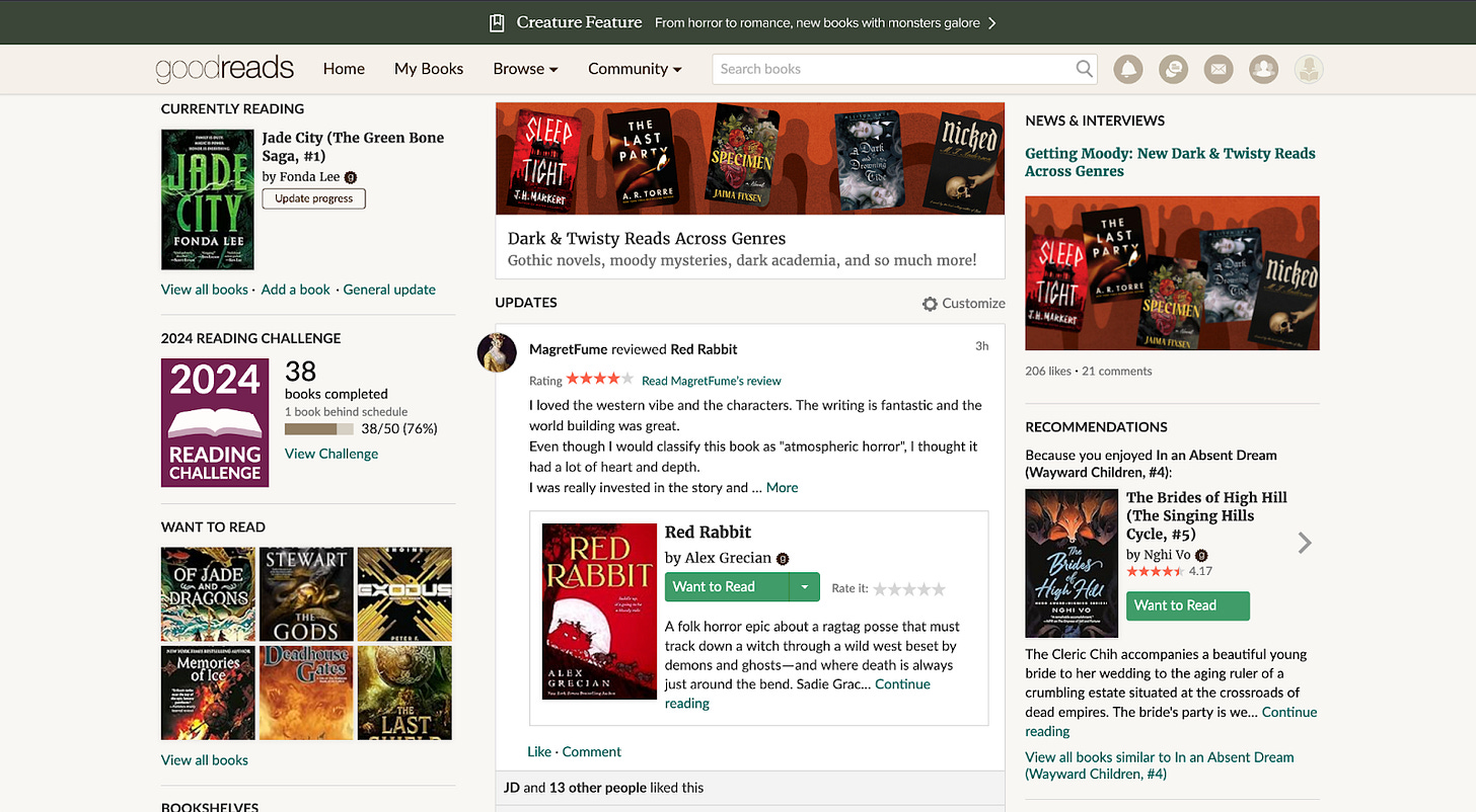 Screenshot of Goodreads' homepage. At the top is a banner with an ad for their listicle of horror books. On the right, there are 2 ad spots for books unrelated to my tastes.