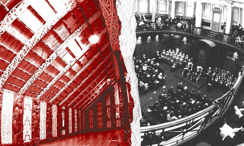 "A split image showing contrasting scenes. On the left side, a traditional Māori meeting house interior is depicted in red, showcasing intricate wood carvings and woven panels. On the right side, a black and white photo shows a formal parliamentary session in progress with people seated in a circular arrangement in a legislative chamber."