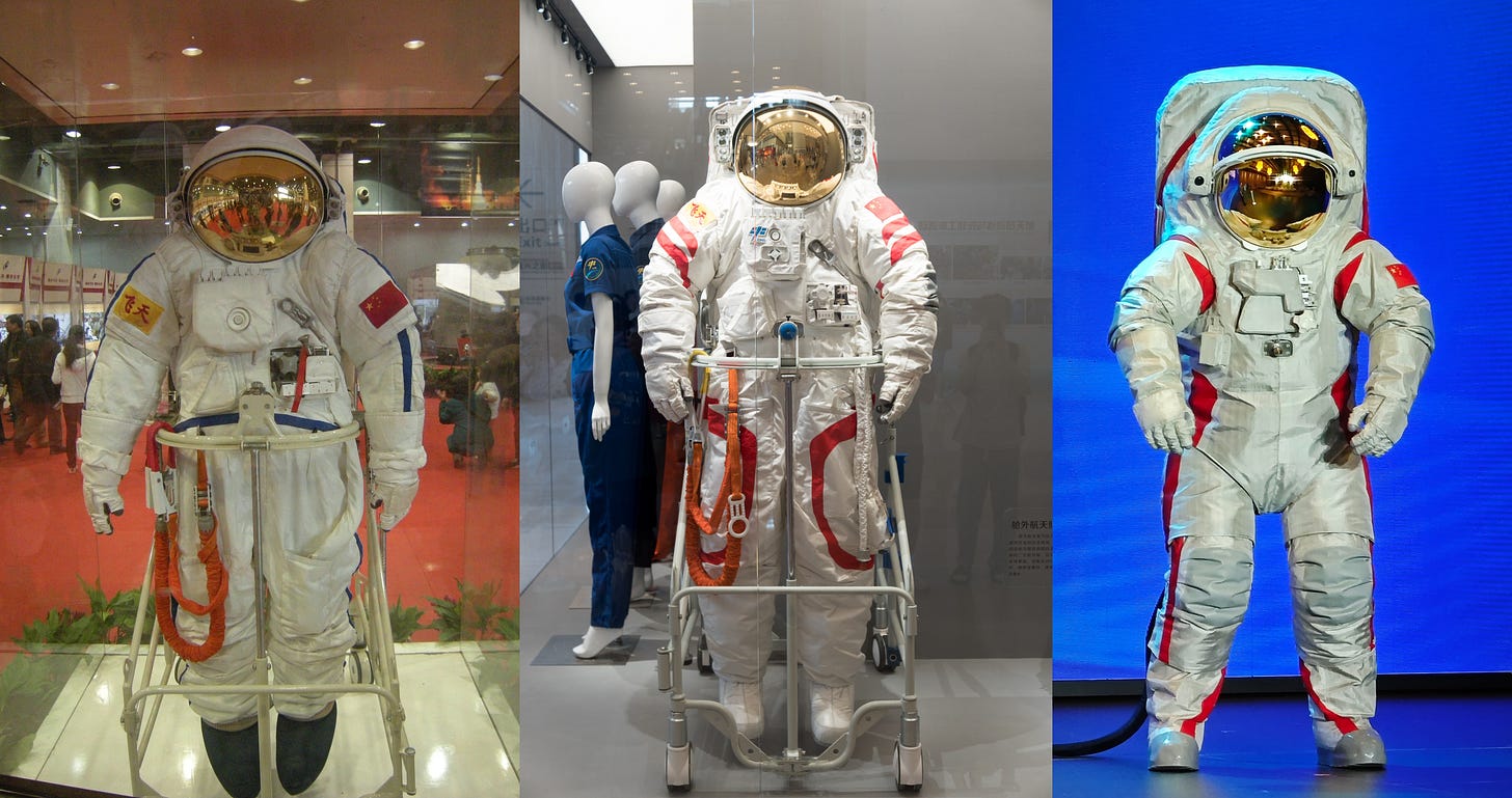 The first-generation Feitian spacesuit (left), the second-generation Feitian spacesuit (center), and the lunar space suit (right). Images from 风之清扬, Shujianyang, and Wang Quanchao/Xinhua.