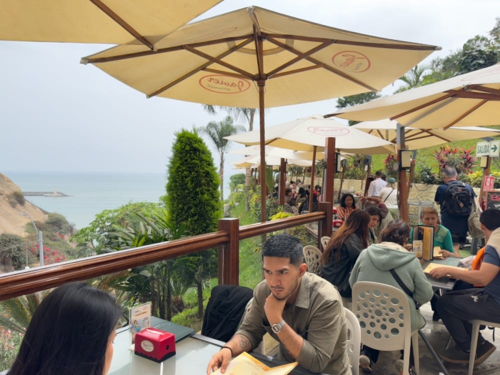 Outdoor seating at Javier, a classic restaurant in Barranco, Lima
