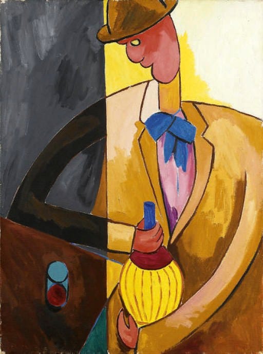 The central figure in the artwork appears to be a man wearing a hat, a suit, and a blue tie or cravat. His face is rendered with a mix of pink and red tones, suggesting a flushed complexion.