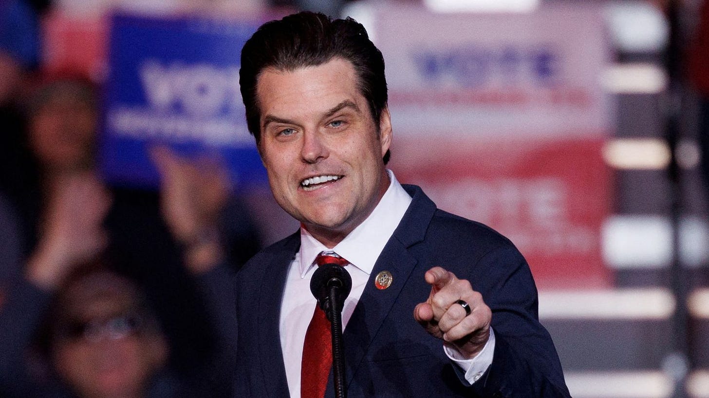 FILE PHOTO: Republican U.S. Representative Matt Gaetz speaks at a campaign rally for Republican presidential nominee and former U.S. President Donald Trump in Henderson, Nevada U.S. October 31, 2024. REUTERS/Mike Blake/File Photo