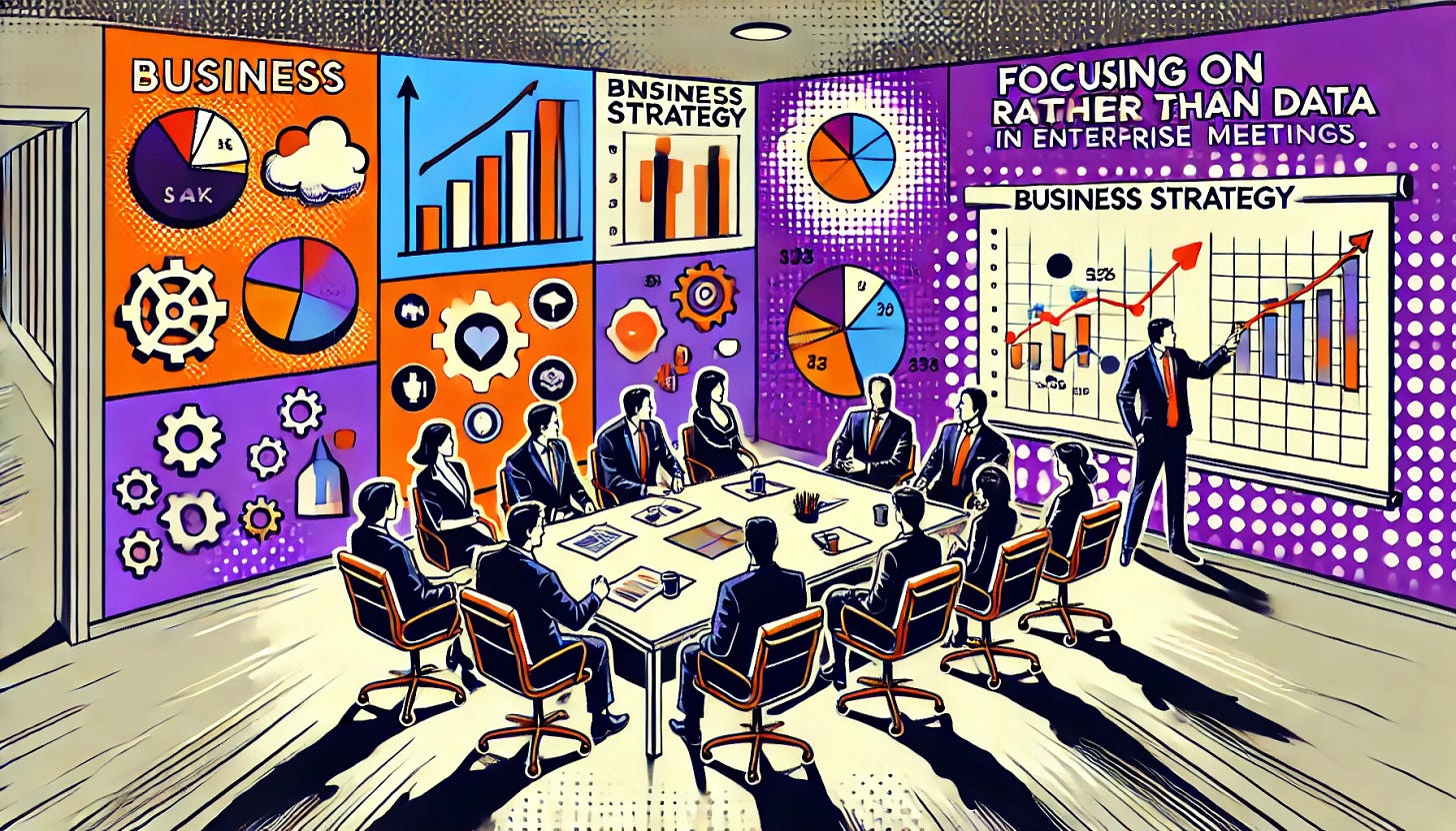 A pop art style illustration depicting the concept of focusing on business rather than data in enterprise meetings. The color palette is restricted to bright purple, bright orange, black, and white, with a white background. The design features a meeting room with people discussing, where charts and data are present but minimized in the background, while business strategy symbols like graphs and arrows are prominent in the foreground. The scene is clean and minimal, visually capturing the essence of productive business discussions over data overload.