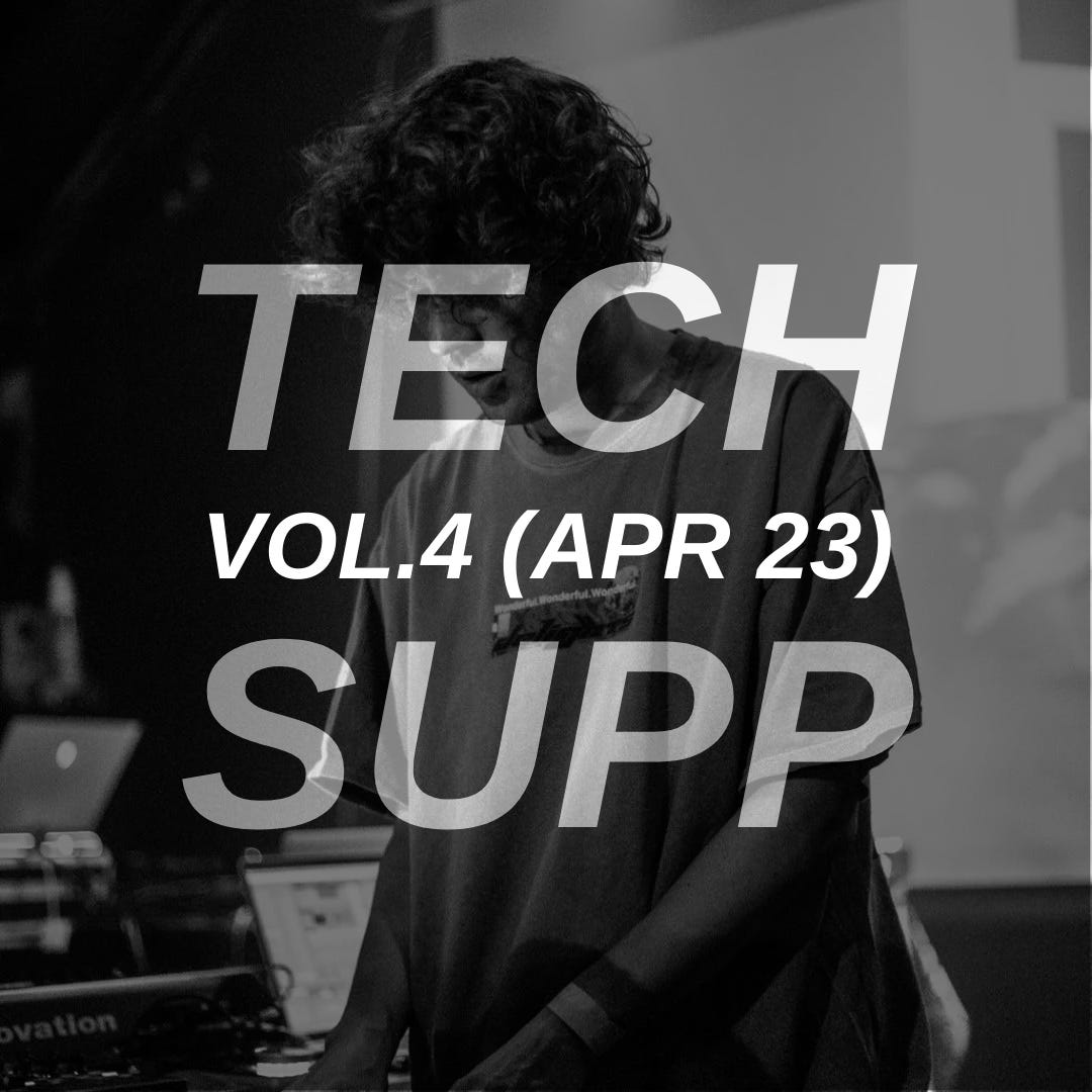 Playlist cover artwork featuring Model Man (DJ, producer) with the text “TECH SUPP VOL.4 (APR 23)” overlaid.