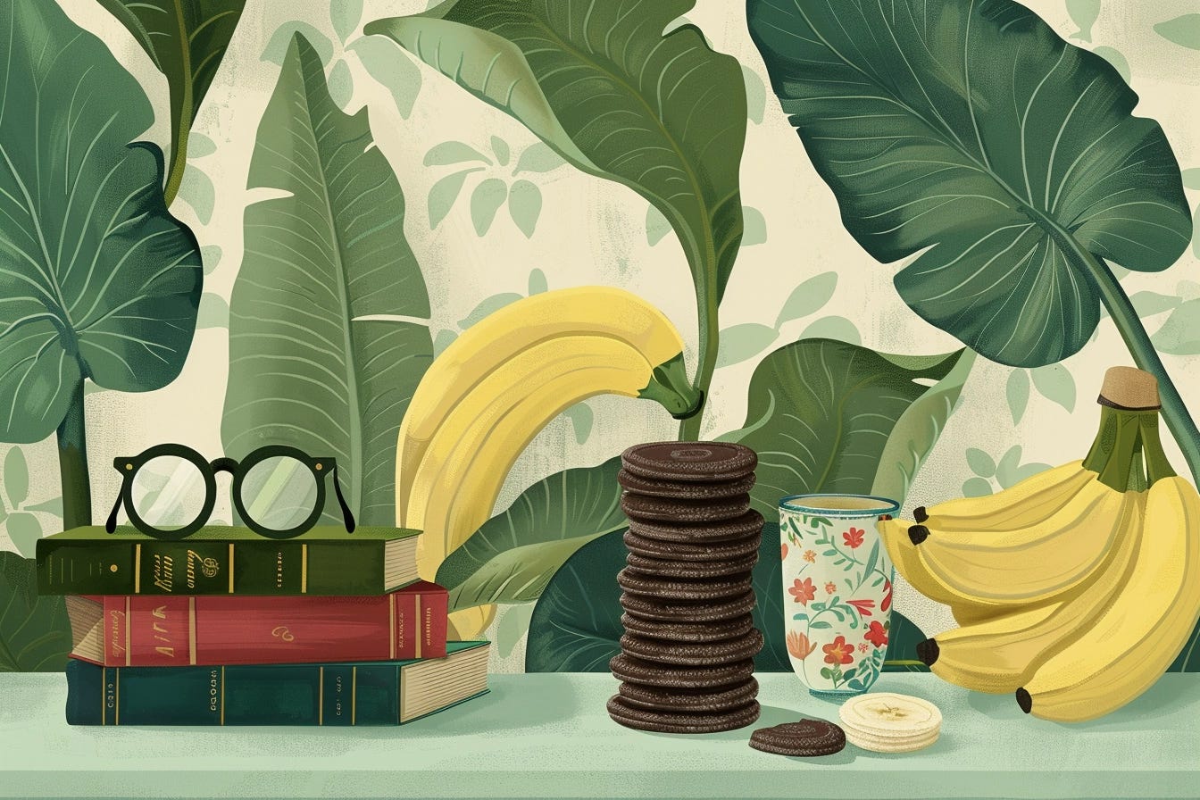 A computer generated illustration of a table. On top of the table is a stack of books, a pair of reading glasses, a stack of thin mint cookies, a cup of tea, and a bunch of bananas. The background is leafy wallpaper and actual large green leaves.
