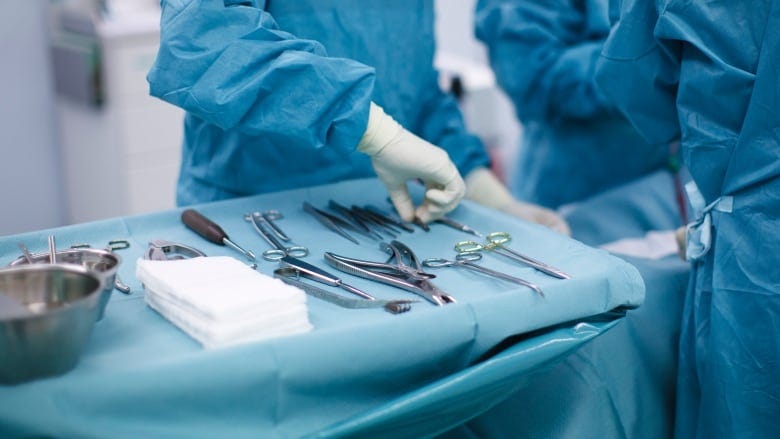 Medical equipment is seen during knee prosthesis surgery in an operation room at a hospital in Switzerland.