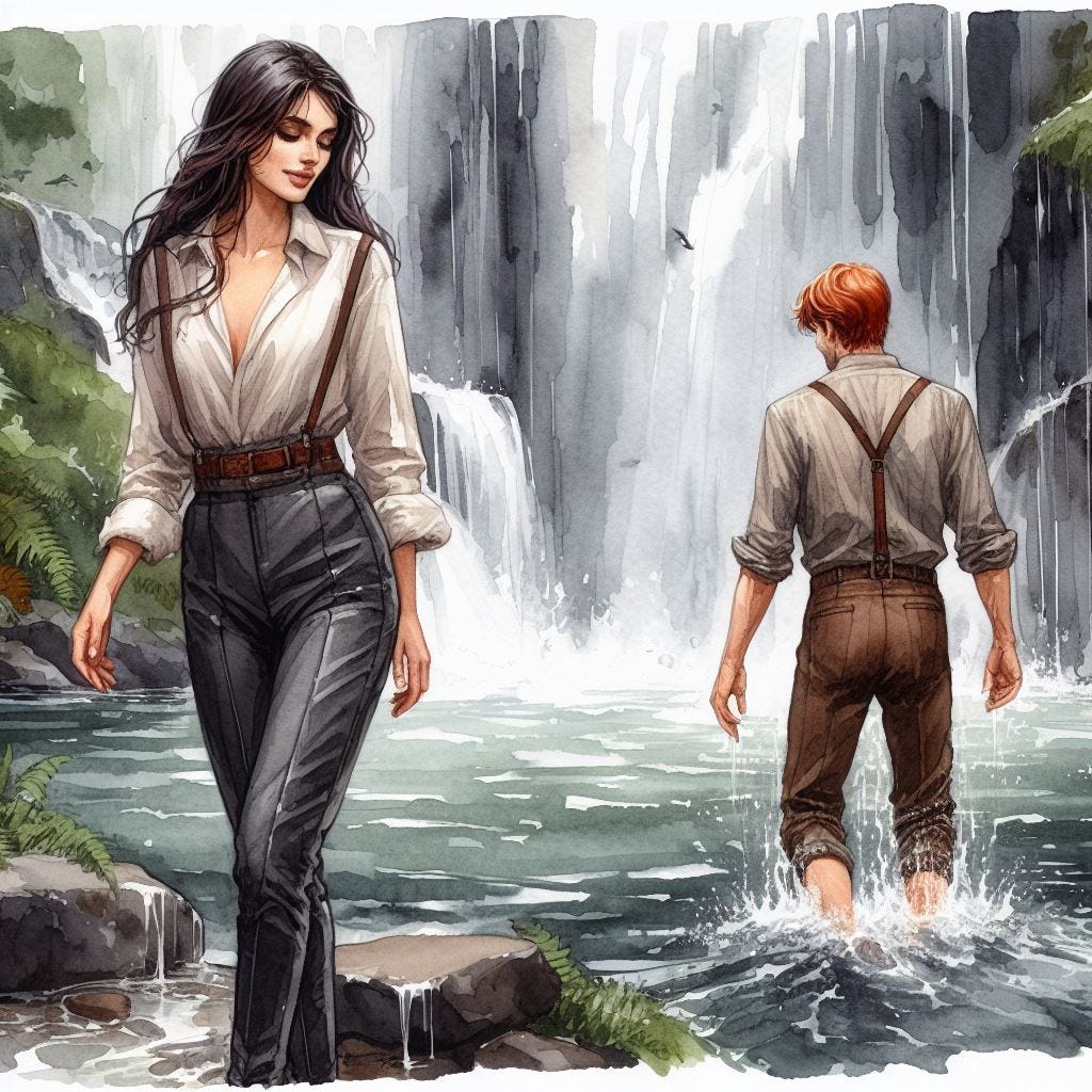 Woman walking away from man wading. Image by Bing.