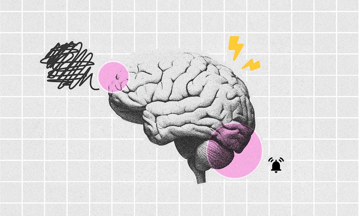 An illustration of a human brain with various graphic elements representing cognitive overload. On the left side, there is a black scribble with a pink circle around it, symbolizing confusion and stress. On the top right of the brain, there are yellow lightning icons, representing a sense of overload. At the bottom right, there is a pink circle and an alarm icon, symbolizing alertness and stress.