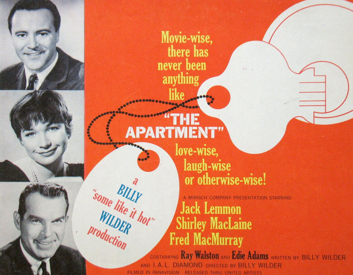 Poster for 1954 film The Apartment. Text reads: ‘Movie-wise, there has never been anything like The Apartment, love-wise, laugh-wise or otherwise-wise! A Mirisch Company presentation starring Jack Lemmon, Shirley Maclaine, Fred Macurray - a Billy “Some Like it Hot” Wilder production’