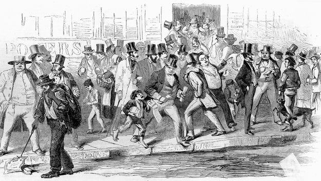 Illustration depicting a run on the Seamen&#39;s Bank during the Panic of 1857