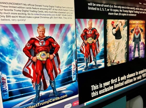 Trump Cards show the former president in a variety of poses, including a superhero in a tight red suit with a boxing-style belt depicting the American flag; golfing; and with lasers shooting out of his eyes outside Trump Tower.