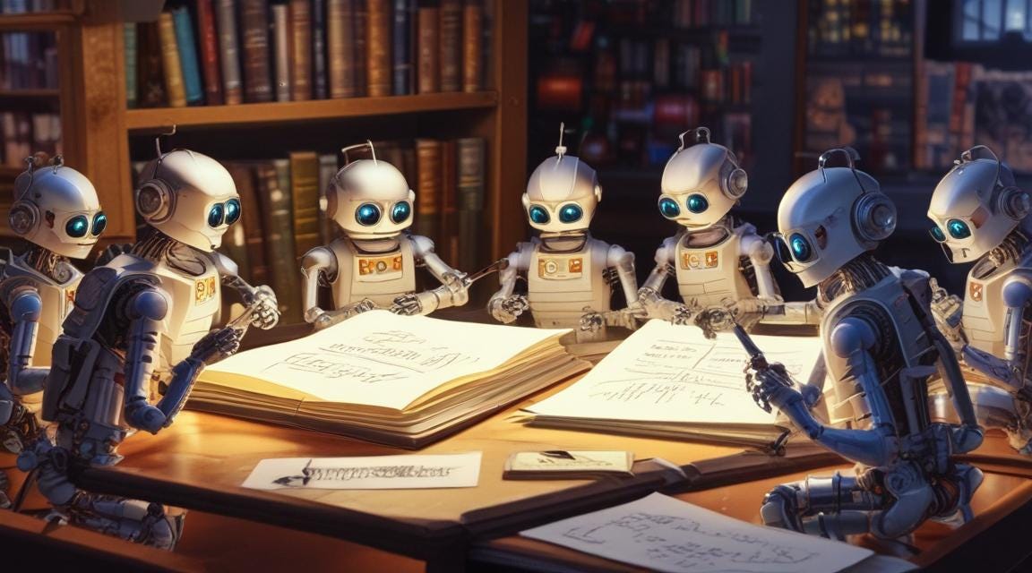 10 robots with glowing eyes, each holding a fountain pen in the hand and writing