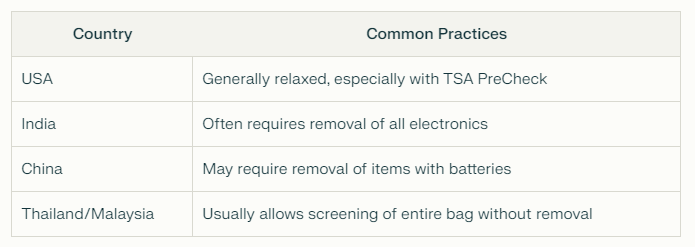 A table showing common airport security practices for camera gear in different countries. USA is generally relaxed, especially with TSA PreCheck. India often requires removal of all electronics. China may require removal of items with batteries. Thailand/Malaysia usually allows screening of entire bag without removal.